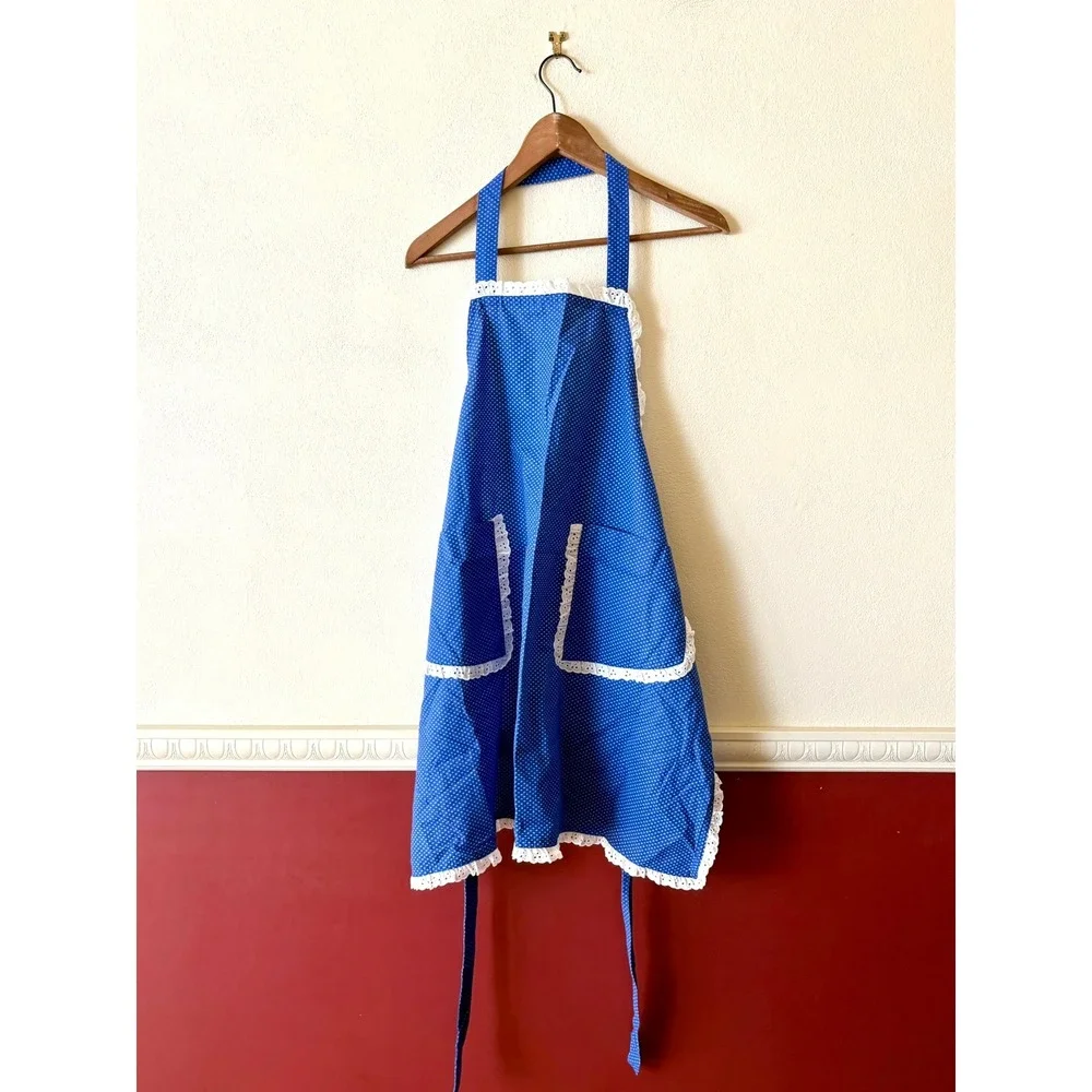 Handmade Blue Diamond Eyelet Lace Trim Bib Apron Pockets Retro Cottage 50s Style